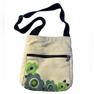 Floral Canvas Crossbody Bag - Cream , Green & navy by Thirty One great cond